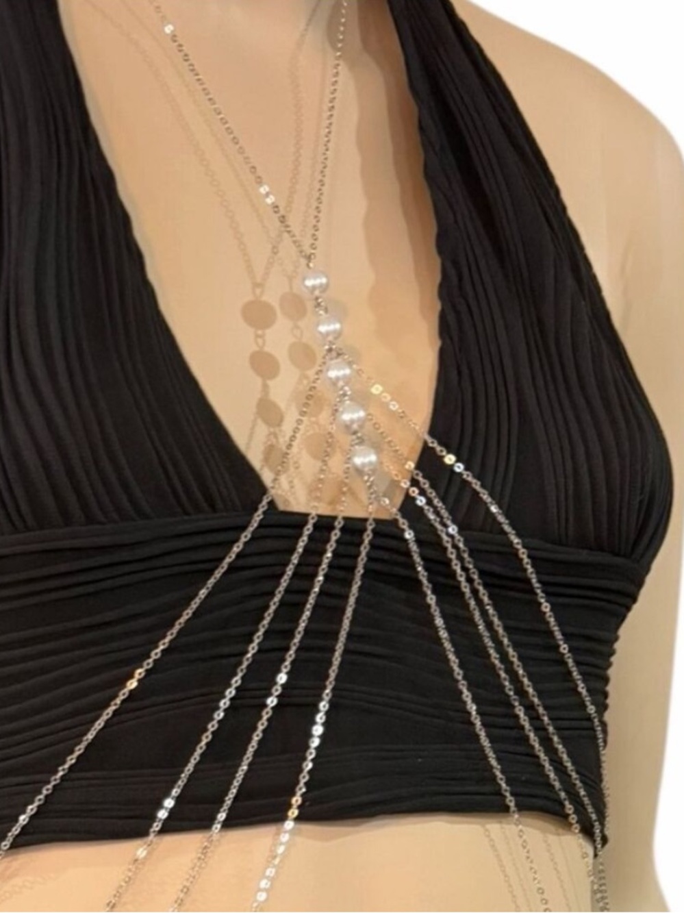 Silver Pearl V Crossover Body Chain Waterfall Multi Draped Waist Harness